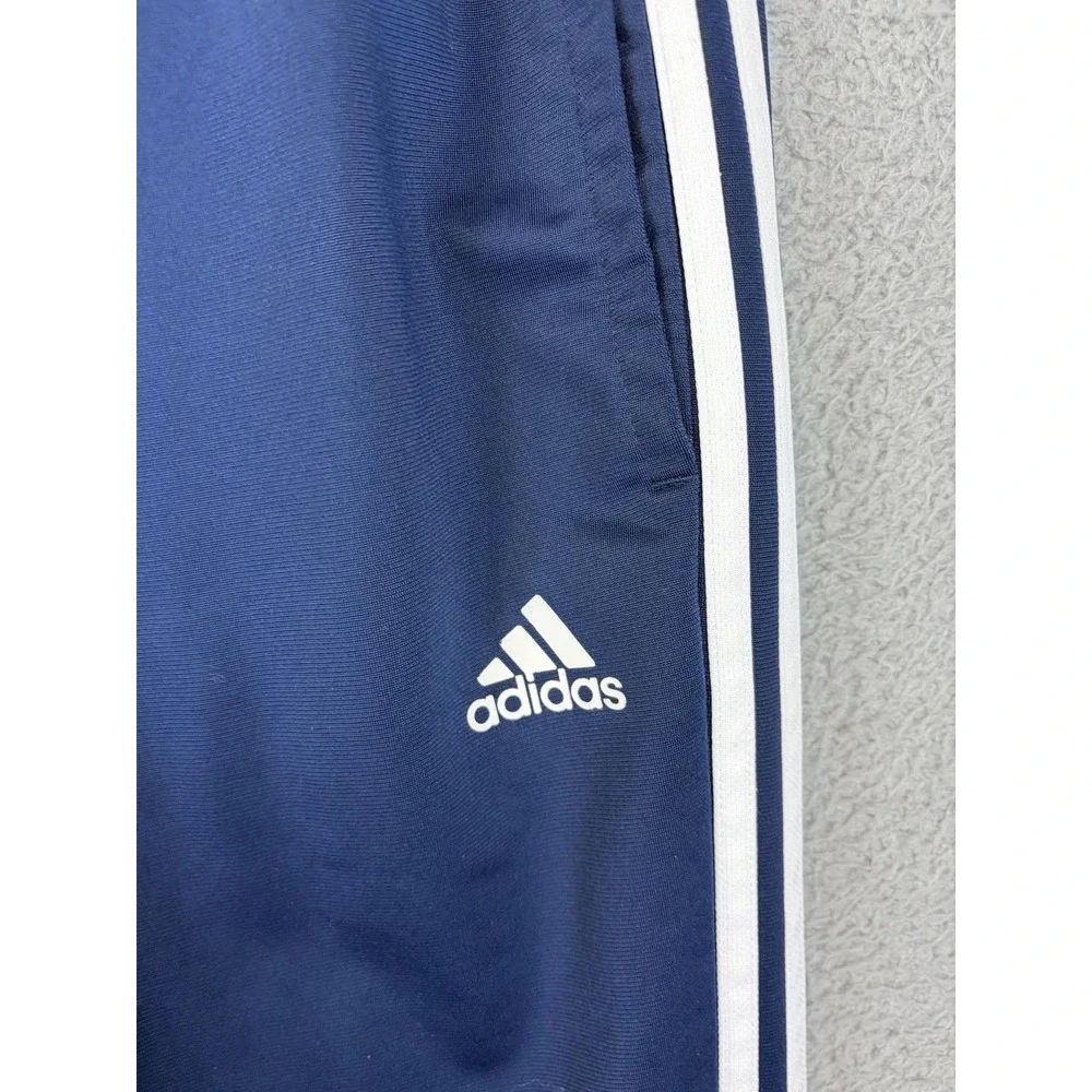Adidas Pants Mens Large Blue 3 Stripe Track Knit Elastic Waist Pockets Rugby Men